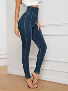 Jeans ajustados de cintura con banda ancha - Azul lavado oscuro - Ver 4