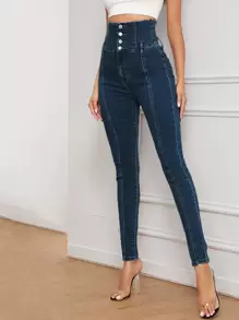 Jeans ajustados de cintura con banda ancha - Azul lavado oscuro - Ver 5