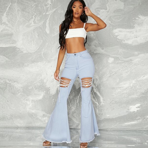 

Cutout Lace-Up High-Rise Frayed Flare Jeans, Light wash