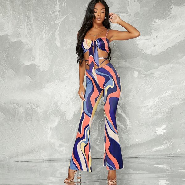 

Marble Print Knotted Cami Crop Top & Flare Pants Set, Multicolor