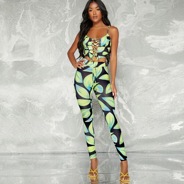 

Pants Print Lace-Up Crop Cami Top & High-Rise Leggings Set, Multicolor