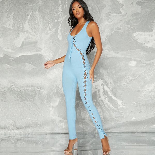 

Ribbed Crisscross Lace-Up Skinny Leg Form-Fitting Jumpsuit, Baby blue