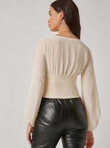 SHEIN BAE Solid Lantern Sleeve Crop Blouse - Beige - View 2
