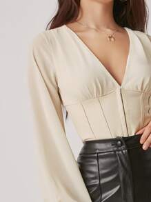 SHEIN BAE Solid Lantern Sleeve Crop Blouse - Beige - View 3