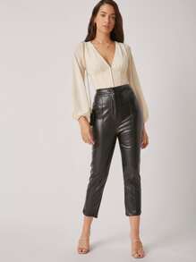 SHEIN BAE Solid Lantern Sleeve Crop Blouse - Beige - View 5