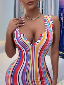 SHEIN Essnce Rainbow Striped Bodycon Dress - Multicolor - View 3