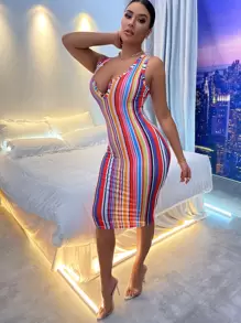 SHEIN Essnce Rainbow Striped Bodycon Dress - Multicolor - View 4