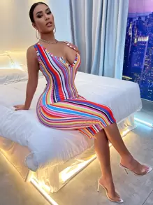 SHEIN Essnce Rainbow Striped Bodycon Dress - Multicolor - View 5