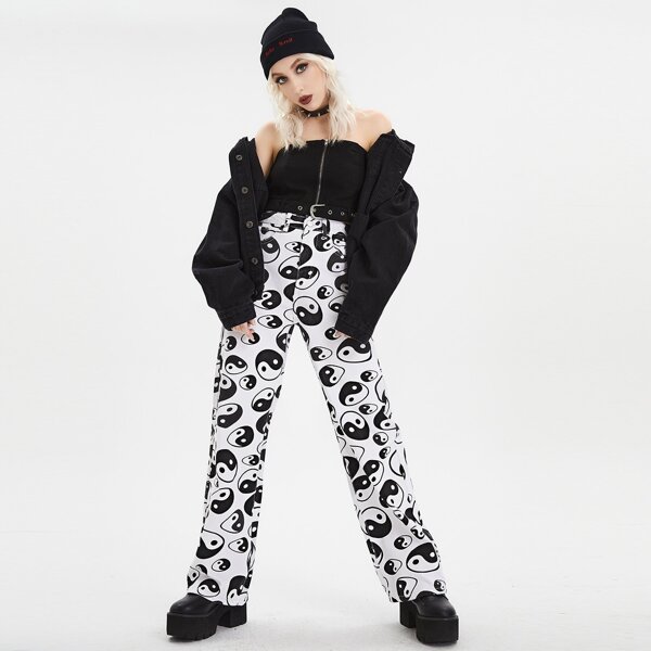 

Tai Chi Pattern High Waist Jeans, Black and white