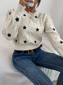 EMERY ROSE Áo len dệt kim họa tiết ngôi sao, áo dài tay kiểu chui đầu mùa thu đông. - Màu be - Xem 1