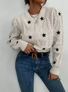 EMERY ROSE Áo len dệt kim họa tiết ngôi sao, áo dài tay kiểu chui đầu mùa thu đông. - Màu be - Xem 4