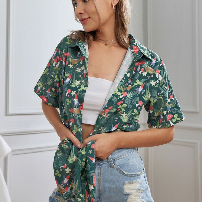 

Mushroom Print Button Front Blouse, Multicolor