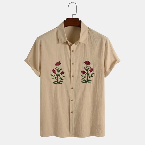 

Men Floral Embroidery Button Front Shirt, Apricot