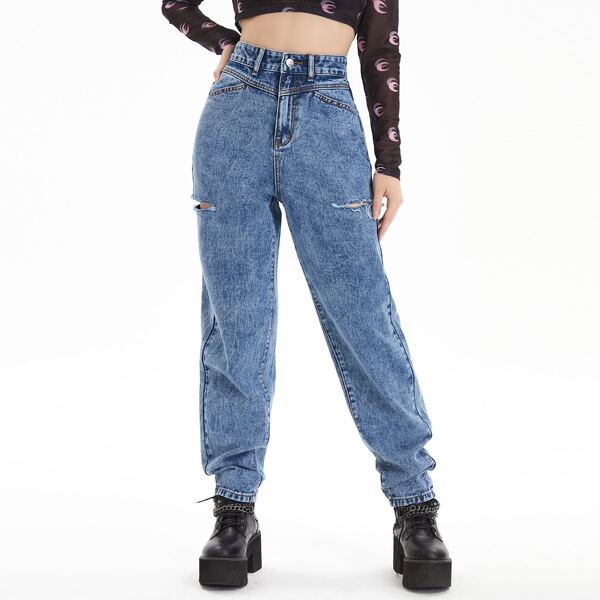 

High Waist Ripped Jeans, Medium wash