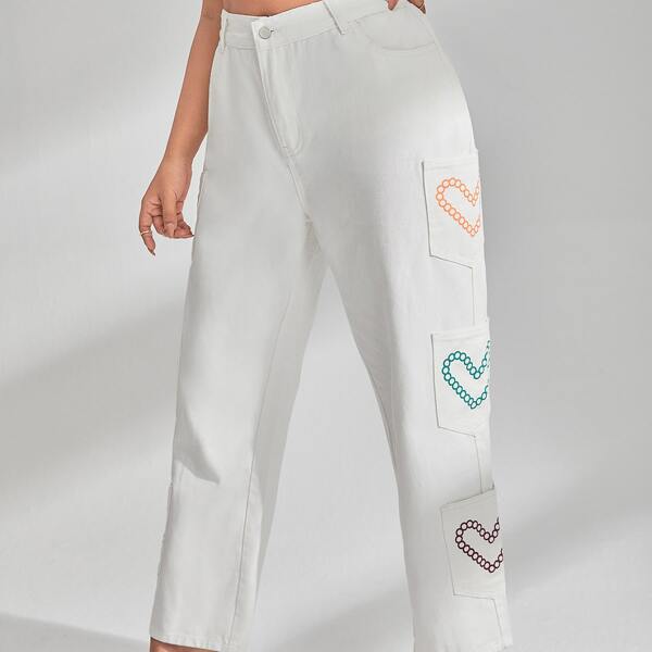 

Plus Heart Print Pocket Patched Mom Fit Jeans, White
