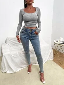 RueChic Drawstring Side Scoop Neck Tee - Grey - View 4