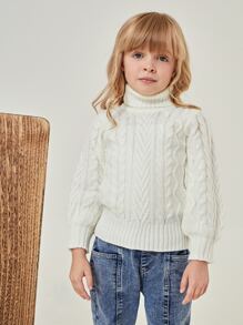 SHEIN Toddler Girls Turtle Neck Cable Knit Jumper - Beige - View 1