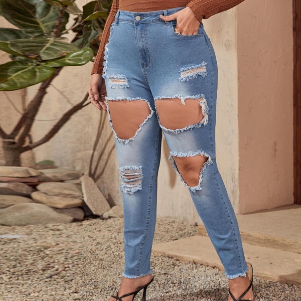 

Plus Ripped Raw Hem Cut Out Skinny Jeans, Light wash