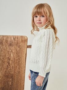 SHEIN Toddler Girls Turtle Neck Cable Knit Jumper - Beige - View 4