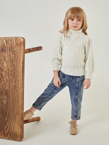 SHEIN Toddler Girls Turtle Neck Cable Knit Jumper - Beige - View 5