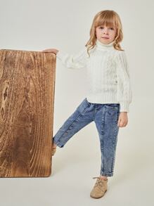 SHEIN Toddler Girls Turtle Neck Cable Knit Jumper - Beige - View 3