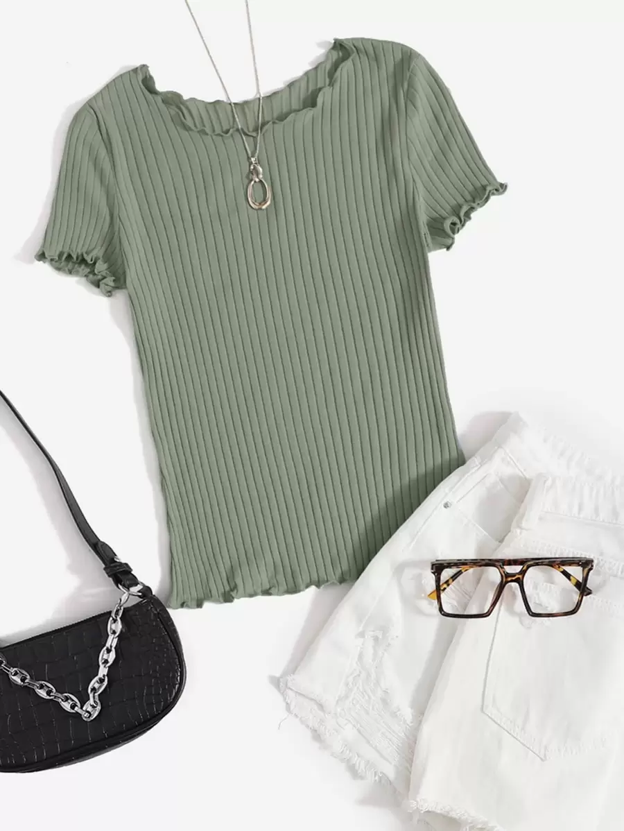 SHEIN EZwear 生菜邊羅紋針織上衣 - 橄欖綠 - 查看 1