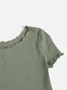 SHEIN EZwear 生菜邊羅紋針織上衣 - 橄欖綠 - 查看 3