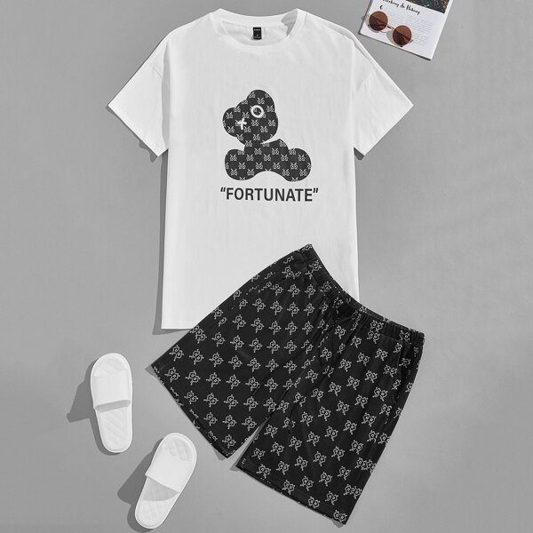 

Men Cartoon & Letter Graphic Loungewear Set, Black and white