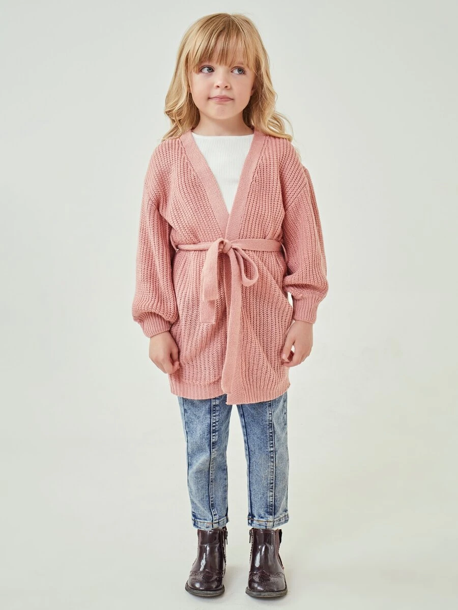 SHEIN Toddler Girls Self Belted Solid Cardigan - Dusty Pink - View 1