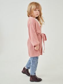SHEIN Toddler Girls Self Belted Solid Cardigan - Dusty Pink - View 2