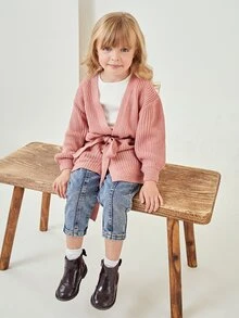 SHEIN Toddler Girls Self Belted Solid Cardigan - Dusty Pink - View 3