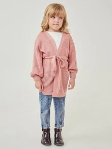 SHEIN Toddler Girls Self Belted Solid Cardigan - Dusty Pink - View 4