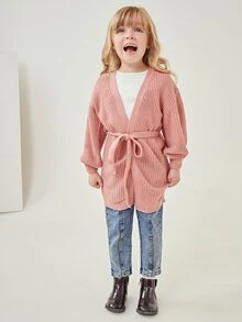 SHEIN Toddler Girls Self Belted Solid Cardigan - Dusty Pink - View 5