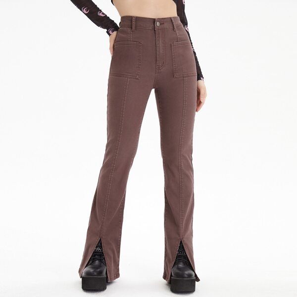 

Patch Pocket Seam Front Split Hem Jeans Without Belt, Chocolate brown