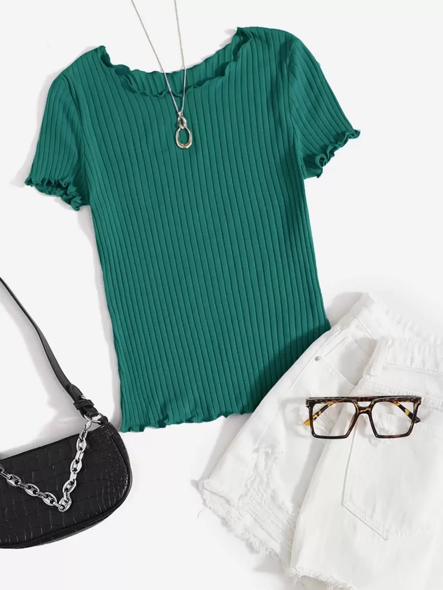 SHEIN EZwear Ribbed Lettuce-Edge Form-Fitting Top - Green - View 1