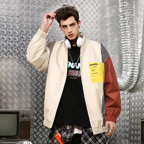 

Men Slogan & Graphic Print Color Block Zip Up Jacket, Apricot