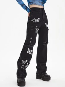 SHEIN ICON 水洗破洞細節蝴蝶牛仔褲 - 黑色 - 查看 3