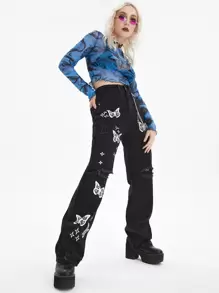 SHEIN ICON 水洗破洞細節蝴蝶牛仔褲 - 黑色 - 查看 4