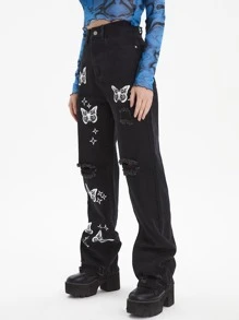 SHEIN ICON 水洗破洞細節蝴蝶牛仔褲 - 黑色 - 查看 5