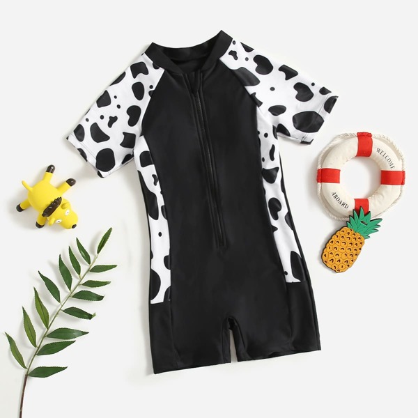 

Girls Cow Print Zip Front One Piece Swimsuit, Multicolor