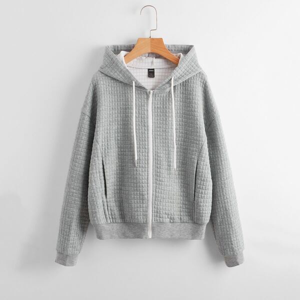 

Quilted Drop Shoulder Zip Up Drawstring Hooded Jacket, Light grey