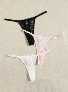 SHEIN 3件装花卉蕾丝丁字裤套装性感内衣