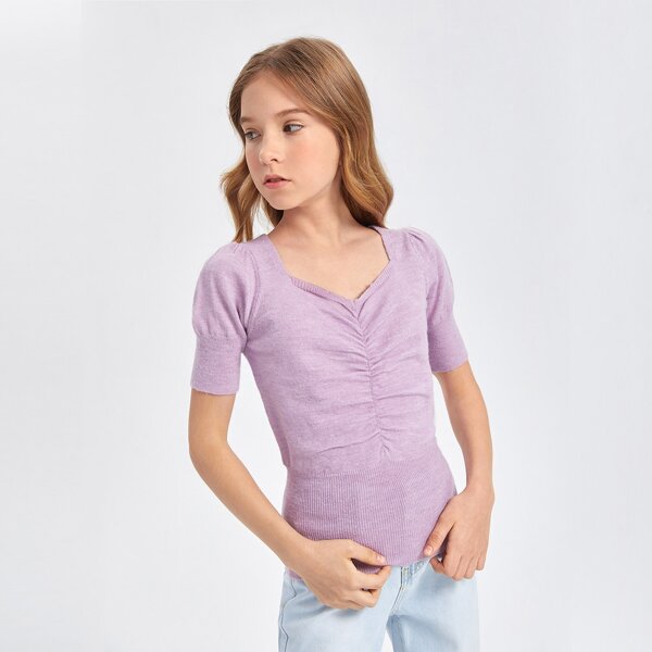 

Girls Puff Sleeve Ruched Knit Top, Lilac purple