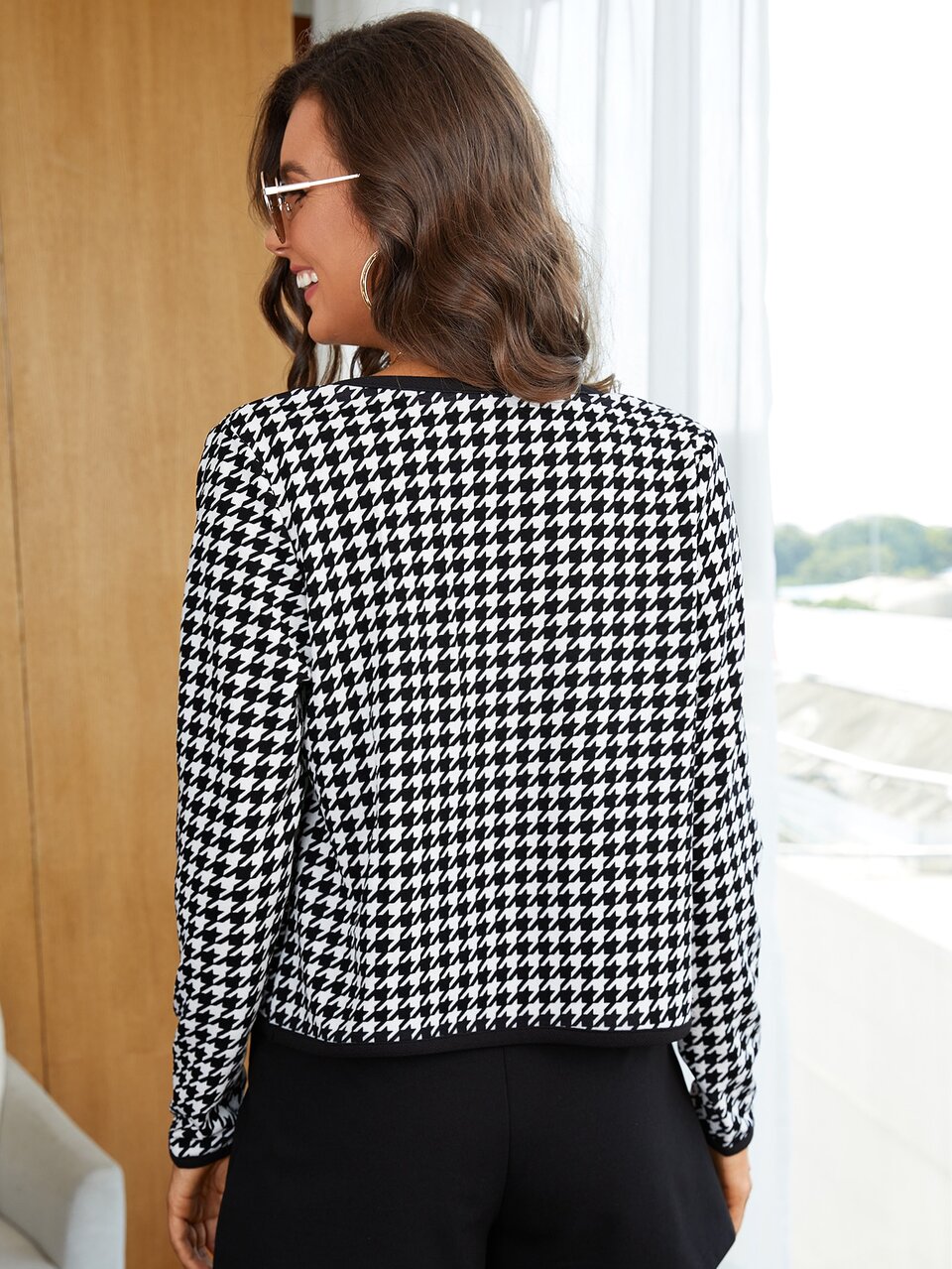Houndstooth Contrast Binding Open Front Jacket In Fall/Wintersummer Outfits, Spring Outfit, Beach Festival Vacation Office Country