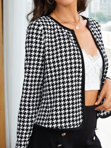 SHEIN Clasi Houndstooth Contrast Binding Open Front Jacket