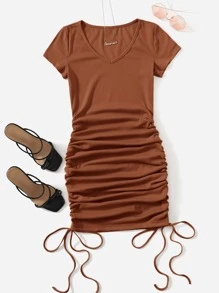 SHEIN EZwear Vestido con fruncido lateral con cordón escote V - Marrón - Ver 1
