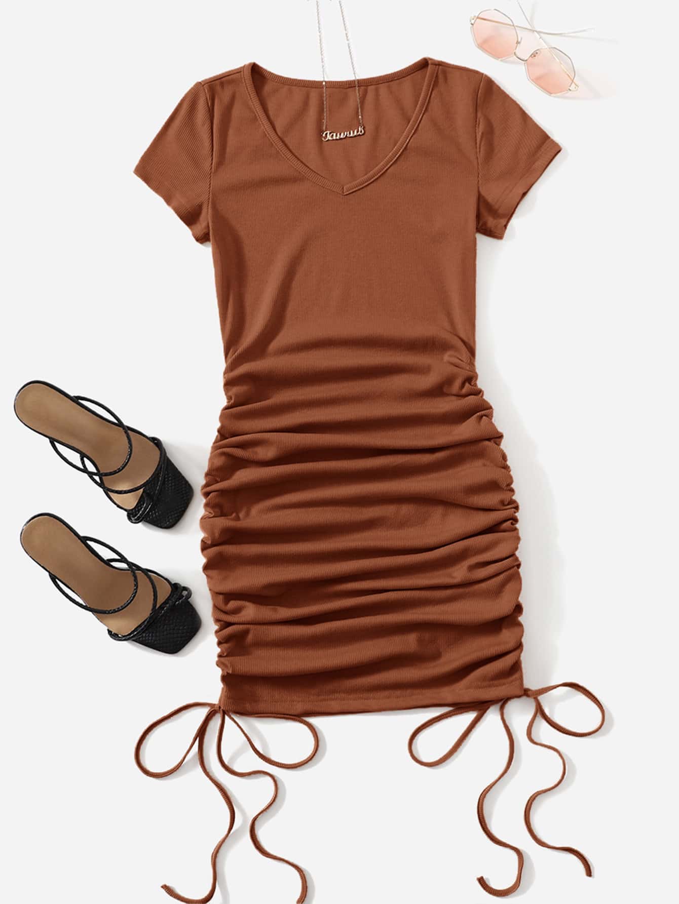 SHEIN EZwear Vestido con fruncido lateral con cordón escote V - Marrón - Ver 1