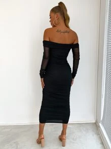 Joyfunear Women's Off-Shoulder Ruched Long Sleeve Bodycon Dress - Black - View 2