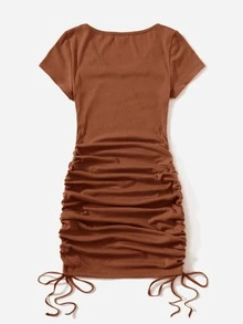 SHEIN EZwear Vestido con fruncido lateral con cordón escote V - Marrón - Ver 2