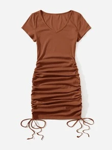 SHEIN EZwear Vestido con fruncido lateral con cordón escote V - Marrón - Ver 3